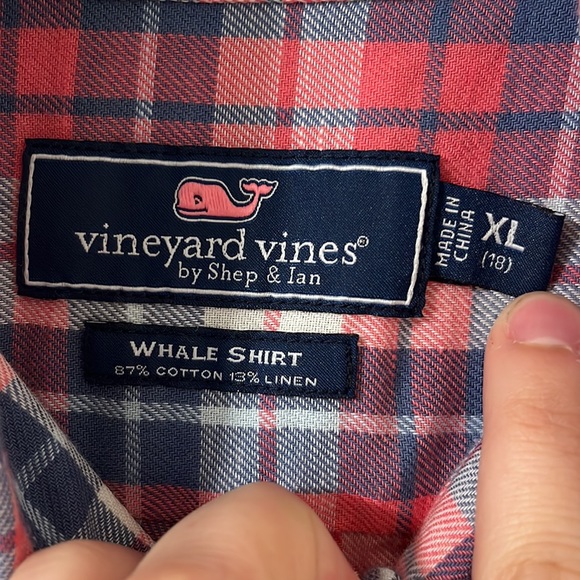 Vineyard Vines Boy’s Linen Blend Red White Blue Plaid Button Down Whale Shirt XL - Picture 6 of 11
